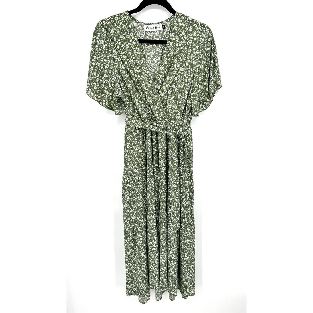 PINK & FLARE Green White Boho Ditzy Floral Faux Wrap Midi Dress Size Medium
